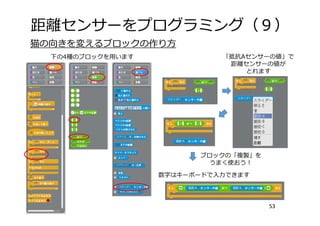 距離センサーをプログラミング（９）
53
猫の向きを変えるブロックの作り⽅
下の4種のブロックを⽤います
ブロックの「複製」を
うまく使おう！
数字はキーボードで⼊⼒できます
「抵抗Aセンサーの値」で
距離センサーの値が
とれます
 
