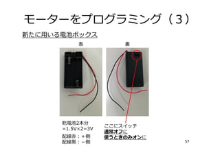 モーターをプログラミング（３）
57
新たに⽤いる電池ボックス
表 裏
乾電池2本分
=1.5V×2=3V
配線⾚：＋側
配線⿊：－側
ここにスイッチ
通常オフに
使うときのみオンに
 