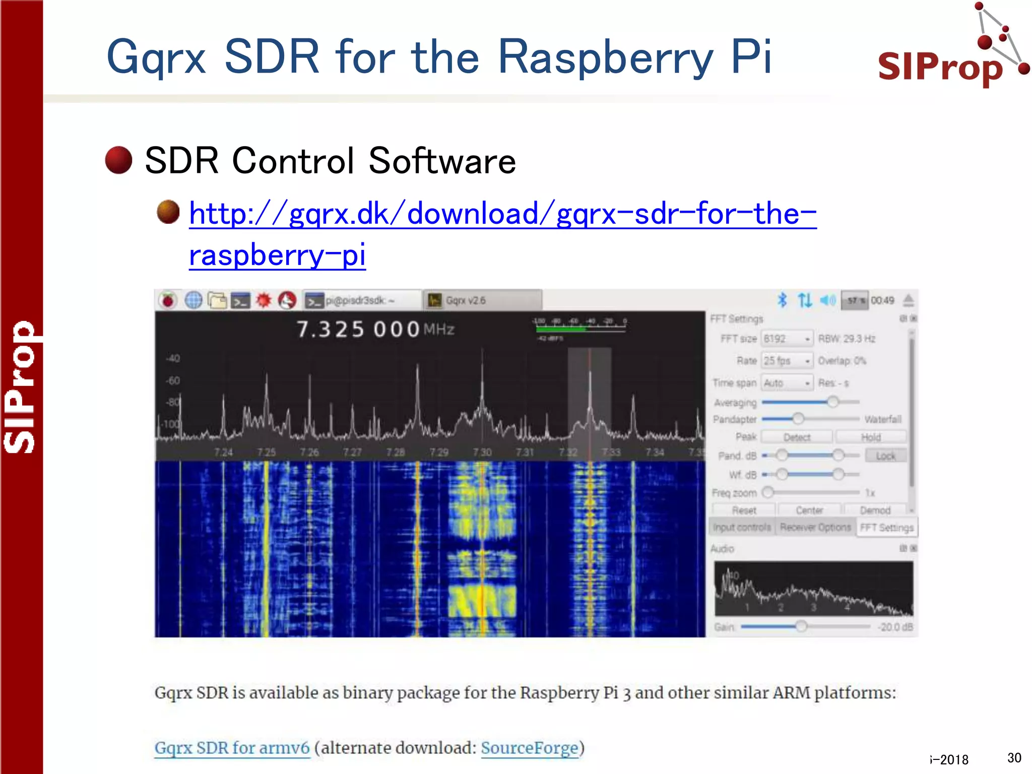 ©SIProp Project, 2006-2018 30
Gqrx SDR for the Raspberry Pi
SDR Control Software
http://gqrx.dk/download/gqrx-sdr-for-the-
raspberry-pi
 