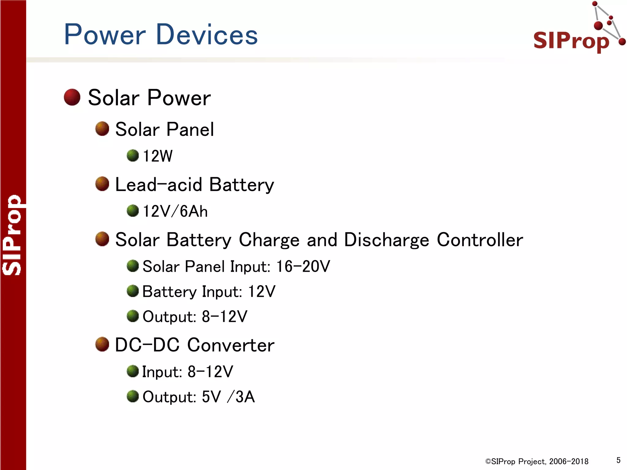 ©SIProp Project, 2006-2018 5
Power Devices
Solar Power
Solar Panel
12W
Lead-acid Battery
12V/6Ah
Solar Battery Charge and Discharge Controller
Solar Panel Input: 16-20V
Battery Input: 12V
Output: 8-12V
DC-DC Converter
Input: 8-12V
Output: 5V /3A
 