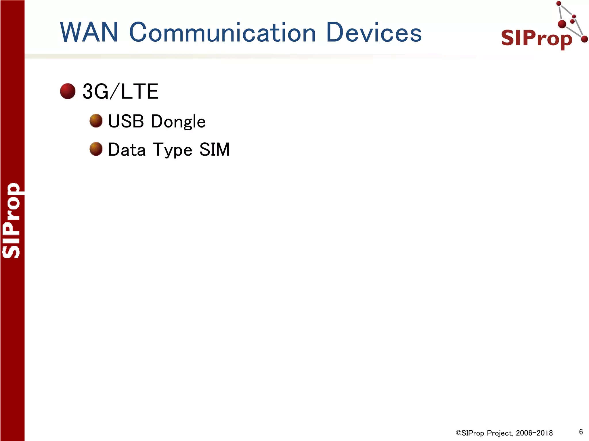 ©SIProp Project, 2006-2018 6
WAN Communication Devices
3G/LTE
USB Dongle
Data Type SIM
 