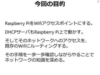 今回の目的
Raspberry PiをWifiアクセスポイントにする。
DHCPサーバもRaspberry Pi上で動かす。
そしてそのネットワークへのアクセスを、
既存のWifiにルーティングする。
その手順を一歩一歩確認しながらやることで
ネットワークの知識を深める。
2
 