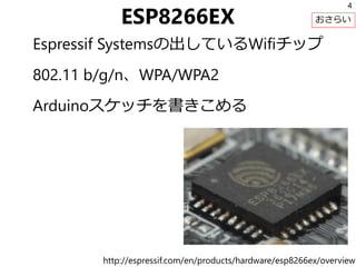 ESP8266EX
Espressif Systemsの出しているWifiチップ
802.11 b/g/n、WPA/WPA2
Arduinoスケッチを書きこめる
4
http://espressif.com/en/products/hardware/esp8266ex/overview
おさらい
 