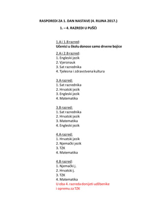 RASPOREDI ZA 1. DAN NASTAVE (4. RUJNA 2017.)
1. – 4. RAZREDI U PUŠĆI
1.A i 1.Brazred:
Učenici u školudonose samo drvene bo...