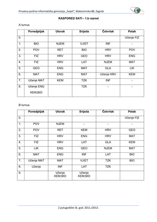 Privatna jezično-informatička gimnazija „Svijet“, Maksimirska 88, Zagreb

                                 RASPORED SATI - 1.b razred

A turnus

        Ponedjeljak            Utorak              Srijeda             Četvrtak      Petak

0.                                                                                 Učenje FIZ

1.           BIO               NJEM                 VJ/ET                  INF         -

2.          POV                 RET                  BIO                   HRV       POV

3.           FIZ                HRV                 GEO                    HRV       ENG

4.           FIZ                HRV                  LAT                   NJEM      MAT

5.          GEO                 ENG                 MAT                    GLA        LIK

6.          MAT                 ENG                 MAT               Učenje HRV     KEM

7.      Učenje MAT              KEM                  TZK                   INF         -

8.      Učenje ENG                                   TZK                    -          -

           KEM,BIO



B turnus

        Ponedjeljak            Utorak              Srijeda             Četvrtak      Petak

0.                                                                                 Učenje FIZ

1.          POV                NJEM                   -                     -          -

2.          POV                 RET                 KEM                    HRV       GEO

3.           FIZ                HRV                 ENG                    HRV       MAT

4.           FIZ                HRV                  LAT                   GLA       KEM

5.           LIK                ENG                 GEO                    NJEM      MAT

6.          MAT                 ENG                  INF                   LAT        BIO

7.      Učenje MAT              MAT                 VJ/ET                  TZK        BIO

8.         Učenje                INF                 LAT                   TZK

9.                             Učenje              Učenje
                              KEM,BIO             KEM,BIO




                                 2.polugodište šk. god. 2011./2012.
 