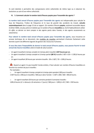 6
Ils sont destinés à permettre des comparaisons entre collectivités de même type ou à observer les
évolutions au sein d’une même collectivité.
IV. 5. Comment calculer le nombre total d’heures payées pour l’ensemble des agents ?
Le nombre total annuel d’heures payées pour l’ensemble des agents est indispensable pour calculer le
taux de fréquence, l’indice de fréquence et le taux de gravité des accidents du travail, calculés
automatiquement dans la page 15 de ce rapport. (Ce nombre d’heures payées, aisément accessible depuis
le fichier N4DS, est plus précis et réaliste que le nombre d’heures travaillées au 31/12 habituellement utilisé.
En effet, ce dernier ne tient compte ni des agents partis dans l’année, ni des agents occasionnels ou
saisonniers).
Pour obtenir le nombre total annuel d’heures payées pour l’ensemble des agents, vous trouverez en
annexe technique de ce document, des modèles de requêtes permettant d’extraire facilement cette
donnée à partir de différents logiciels de gestion des ressources humaines.
Si vous êtes dans l’impossibilité de donner le total annuel d’heures payées, vous pouvez fournir le total
annuel des heures travaillées selon le mode de calcul suivant :
- Un agent travaillant à temps complet et à temps plein travaille 1 607 heures par an.
- Un agent travaillant à temps complet et à temps partiel (80 %) travaille 1 607 x 0.8 = 1 285,6 heures par
an.
- Un agent travaillant 28 heures par semaine travaille : 28 x 1 607 / 35 = 1285,6 heures.
: Quand un agent n’a pas travaillé l’année entière, il faut calculer son nombre d’heures travaillées en
fonction du nombre de jours travaillés :
Par exemples :
o Un agent travaillant à temps complet et à temps plein pendant 200 jours travaille :
1 607 heures x 200 jours travaillés / 360 jours dans l’année = 1 607 x 200 / 360 = 892,8 heures.
o Un agent travaillant 28 heures par semaine pendant 6 semaines travaille :
1285,6 heures (cf. ci-dessus) x (6 semaines x 7 jours) / 360 jours = 1285,6 x 42 / 360 = 150 heures.
 