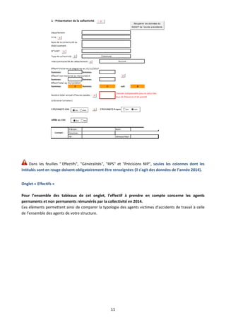 11
Dans les feuilles " Effectifs", "Généralités", "RPS" et "Précisions MP", seules les colonnes dont les
intitulés sont en rouge doivent obligatoirement être renseignées (il s’agit des données de l’année 2014).
Onglet « Effectifs »
Pour l’ensemble des tableaux de cet onglet, l’effectif à prendre en compte concerne les agents
permanents et non permanents rémunérés par la collectivité en 2014.
Ces éléments permettent ainsi de comparer la typologie des agents victimes d’accidents de travail à celle
de l’ensemble des agents de votre structure.
 