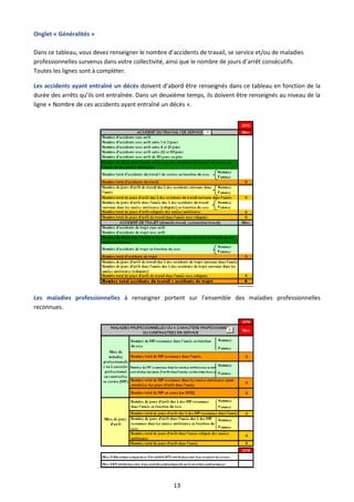 13
Onglet « Généralités »
Dans ce tableau, vous devez renseigner le nombre d’accidents de travail, se service et/ou de maladies
professionnelles survenus dans votre collectivité, ainsi que le nombre de jours d’arrêt consécutifs.
Toutes les lignes sont à compléter.
Les accidents ayant entraîné un décès doivent d’abord être renseignés dans ce tableau en fonction de la
durée des arrêts qu’ils ont entraînée. Dans un deuxième temps, ils doivent être renseignés au niveau de la
ligne « Nombre de ces accidents ayant entraîné un décès ».
Les maladies professionnelles à renseigner portent sur l’ensemble des maladies professionnelles
reconnues.
 