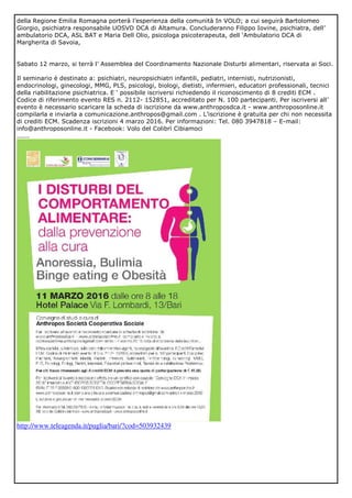 Convegno I disturbi del Comportamento Alimentare - Rassegna Stampa . 11 Marzo 2016