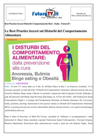 Convegno I disturbi del Comportamento Alimentare - Rassegna Stampa . 11 Marzo 2016