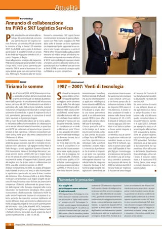 Attualità
                     Partnership

Annuncio di collaborazione
tra PIAB e SKF Logistics Services

P
         IAB, azienda attiva nel settore della tec-    Division ha commentato: «SKF Logistic Service
         nologia del vuoto industriale, annuncia       è estremamente entusiasta di questa collabo-
         una partnership con SKF Logistics Ser-        razione con PIAB. Siamo orgogliosi che PIAB
vices ﬁrmando un contratto ufﬁciale durante            abbia scelto di lavorare con noi e aspettiamo
la cerimonia a Täby, in Svezia il 20 novembre          con impazienza di poter supportare la sua cre-
2007. Ora la PIAB sarà in grado di distribuire         scita in tutta Europa e oltreoceano. Lo spirito di
grandi volumi di prodotti fornendo un servizio         PIAB di offrire il massimo della qualità, prodotti
di alto livello dal magazzino centrale di SKF si-      innovativi e il miglior servizio all’industria ma-
tuato a Tongeren, in Belgio.                           nifatturiera corrisponde esattamente all’ottica
Grazie alla posizione strategica del magazzino,        di SKF. Il nostro polo logistico europeo situato
PIAB potrà consegnare i propri prodotti in tutta       a Tongeren, al centro del nostro sistema di tra-
Europa entro 24 ore. Questa partnership per-           sporto europeo è un’eccellente base per fornire
metterà a PIAB di avere un’estensione di con-          ai clienti di PIAB un servizio di consegna rapido
segna globale grazie a un unico partner di logi-       e afﬁdabile a un costo competitivo».
stica. Phil Knights, Presidente della SKF Service                                                      ■


                     MUSP                                                                     Anniversari

Tiriamo le somme                                                         1987 – 2007: Venti di tecnologia

N                                                                        S
           ato all’inizio del 2006, MUSP, il laboratorio di ricer-                oftwork ha compiuto lo        Amministratore e Cesare Ferro,          una soluzione chiavi-in-mano.            al Consorzio del Prosciutto di
           ca applicata nel settore dei beni strumentali, dopo                    scorso ottobre vent’an-       Direttore Generale di Softwork          Da questo tracciato strategico           San Daniele per la tracciabili-
           un primo anno nel quale si è dedicato al potenzia-                     ni, traguardo signiﬁcati-     che, da una concreta esperien-          si sono compiuti i primi pas-            tà del prodotto e la tutela del
mento dell’organico e al consolidamento dell’infrastruttura              vo raggiunto anche attraverso          za applicativa nella logistica,         si che hanno portato alla di-            marchio DOP.
tecnica, nel corso del 2007 ha focalizzato le sue attività in            radicali svolte, ﬁno alla tappa        hanno intravisto nell’RFID una          stribuzione esclusiva in Italia          Ma sono continue le novità
particolare sullo studio delle schiume metalliche, materiali             chiamata RFID. Proprio nell’ot-        tecnologia vincente sulla qua-          dei dispositivi RFID passivi di          in casa Softwork, dovute an-
rivoluzionari per la produzione industriale in comparti quali            tobre del 1987, nasceva a Bre-         le focalizzare la propria attivi-       FEIG Electronic, il vendor te-           che agli stimoli di un merca-
automotive e biomedicale, in grado di migliorare la vita di              scia Softwork, società impron-         tà: una visione premonitrice,           desco produttore di reader e             to sempre frizzante e in evo-
tutti, permettendo, per esempio, la costruzione di veicoli               tata nella struttura e nello spi-      quindi, e una sﬁda avvincente           antenne nelle diverse bande              luzione: sulla scia del nuovo
meno inquinanti o di protesi più leggere.                                rito a Software House: dedita al       quando l’RFID si stava affac-           di frequenza (LF, HF e UHF);             quadro normativo italiano in
Oltre a essere il primo polo italiano per la ricerca applica-            gestionale d’impresa con una           ciando sullo scenario italiano          il network di Softwork conta             tema UHF (Decreto Gentilo-
ta nell’ambito delle schiume metalliche (in collaborazione               vocazione territoriale, l’azienda      dell’auto-ID technology.                invece a oggi quasi 200 riven-           ni di luglio 2007), Softwork
con la rete dei laboratori tedeschi Fraunhofer), in questi due           si è consolidata con un simile         Chiara e precisa ﬁn dall’ini-           ditori in tutt’Italia tra softwa-        per esempio ha dato un ul-
anni MUSP si è confermato un’opportunità per i giovani ri-               proﬁlo nei suoi primi 10 anni          zio la strategia sia di marke-          re house, system integrator e            teriore impulso alla sua linea
cercatori di fare esperienza e ottenere riconoscimenti per               di vita, sposando nel contem-          ting che commerciale adotta-            società di ICT.                          UHF, acquisendo la distribu-
il loro lavoro, anche grazie alla stretta collaborazione con             po anche altri input tecnologici       ta dall’azienda: focalizzarsi           Le referenze, ossia le concre-           zione dei prodotti SkyeTek,
il Politecnico di Milano.                                                che il mercato lanciava, tra cui       sul layer ﬁsico dell’RFID con           te applicazioni realizzate dai           tra cui i moduli per soluzioni
Lo testimoniano i numerosi successi conseguiti in diversi                internet e l’AIDC.                     una forte specializzazione,             rivenditori basate su tecno-             RFID embedded. Particolare
ambiti dai giovani ricercatori. Due dei 12 ricercatori che col-          Sul ﬁnire degli anni 90, alla          individuare nello scacchiere            logia RFID di Softwork, spa-             attenzione, poi, è stata posta
laborano con il laboratorio – gli ingegneri Andrea Polato e              ricerca di un equilibrio in un         worldwide i prodotti miglio-            ziano in svariati scenari appli-         ai due dipartimenti che rap-
Paolo Moriggi – si sono aggiudicati il premio di laurea AI-              mercato che si stava assestan-         ri, in termini sia di performan-        cativi: dall’Ospedale di Trevi-          presentano il ﬁore all’occhiel-
TEM (Associazione Italiana di Tecnologia Meccanica ), vin-               do su nuove regole, giunge la          ce che di varietà di dispositi-         glio (Bg) per il monitoraggio            lo dell’azienda: Dipartimento
cendo anche il premio UCIMU 2007 per il miglior lavoro                   svolta forte e coraggiosa, che         vi, per poter così rispondere           e localizzazione del paziente            Ricerca&Sviluppo, attivo nel-
di tesi nel settore dei sistemi di produzione. Lo stesso rico-           fa cambiare pelle a Softwork,          a ogni esigenza applicativa, e          ad Antolini Luigi per la logi-           l’analisi di soluzioni taylor-
noscimento è andato all’ingegner Paolo Cobianchi, grazie                 con la nuova qualiﬁca di Di-           inﬁne operare attraverso il ca-         stica, controllo e automazio-            made, e il nuovissimo RFID
alla migliore tesi, che è stata svolta in collaborazione con             stributore a valore aggiunto e         nale del trade che, integrando          ne di processo del marmo, da             Testing Center, dove vengo-
MCM, una delle aziende consorziate con MUSP.                             una nuova proposta tecnologi-          i dispositivi hardware di Sof-          ASMCard adottata da ASM di               no testati i dispositivi e le so-
Analogo riconoscimento, nel 2006, era andato all’ingegner                ca, l’RFID. Al timone di una si-       twork nei propri progetti, inte-        Venaria Reale per migliorare             luzioni studiate.
Paolo Albertelli. In chiusura d’anno, un altro riconoscimen-             mile virata, Massimo Damiani,          ragisce con il cliente ﬁnale per        la fruizione dei servizi erogati                                        ■
to signiﬁcativo, questa volta da parte di Aster, è andato
alla dottoressa Maria Francesca Grillo e al dottor Matteo
Tirotto per aver presentato i due migliori progetti nel per-
corso M-Aster, l’iniziativa creata da Aster per potenziare le
                                                                           Aumentare le prestazioni
competenze e l’identità professionale dei giovani ricerca-
                                                                           H3c sceglie Idt                                   accelerator di IDT metteranno a disposizione i        luzioni per architetture di rete IP-based, H3C
tori della regione Emilia Romagna impegnati nella ricerca
                                                                           per sviluppare nuove soluzioni                    livelli superiori di banda e di intelligenza di re-   intende assicurare ai propri clienti e ai propri
industriale e nel trasferimento tecnologico. Oltre a questi
                                                                           di network search                                 te necessari per offrire servizi di convergenza       partner in tutto il mondo il massimo del valo-
riconoscimenti a livello nazionale, il laboratorio MUSP ha                                                                   voce, dati e video nell’ambito dei vari prodot-       re, garantendo loro dei servizi eccellenti e dei
                                                                           IDT(Integrated Device Technology, Inc.), for-
svolto anche l’importante funzione di «incubatore di ta-                                                                     ti H3C, garantendo contemporaneamente la              prodotti di qualità caratterizzati da un elevato
                                                                           nitore di soluzioni essenziali a semicondut-
lenti» portando due ricercatori a entrare stabilmente nel                                                                    combinazione più vantaggiosa tra prestazioni          rapporto tra prestazioni e costo. H3C ha da-
                                                                           tore per arricchire la “digital media experien-
mondo del lavoro: dopo aver iniziato la collaborazione con                                                                   elevate e consumi più bassi per singolo entry         to vita al concetto architetturale IToIP, desti-
                                                                           ce”, annuncia che H3C Technologies Co.,
MUSP, sviluppando progetti di ricerca con le aziende partner                                                                 ricercato. La capacità dei dispositivi IDT di         nato a favorire lo sviluppo di infrastrutture di
                                                                           Limited - uno dei maggiori fornitori globali di
del laboratorio – Jobs, Lafer, Mandelli, MCM, Samputensi-                                                                    assumersi le attività critiche di elaborazione        rete di convergenza - capaci di integrare co-
                                                                           soluzioni e di tecnologie IP – ha scelto le sue
li, Sandvik, Working Process – gli ingegneri Federico Spotti                                                                 degli header di pacchetto rendono i prodotti          municazioni multimedia, storage, sicurezza
                                                                           soluzioni di network search per i propri pro-
e Raffaele Lefemine sono stati assunti proprio da due di                                                                     particolarmente adatti per le applicazioni di         e networking – che rendono possibili le ap-
                                                                           dotti correnti e futuri di networking, wireless
queste (rispettivamente, la Jobs e la MCM).                                                                                  convergenza di rete di H3C. Fornitore di so-          plicazioni service-oriented.
                                                                           e storage. I network search engine e gli search
                                                               ■


    22        Maggio 2008    ■   FLUID Trasmissioni di Potenza
 