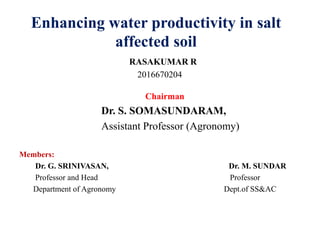 RASAKUMAR R
2016670204
Chairman
Dr. S. SOMASUNDARAM,
Assistant Professor (Agronomy)
Members:
Dr. G. SRINIVASAN, Dr. M. SUNDAR
Professor and Head Professor
Department of Agronomy Dept.of SS&AC
Enhancing water productivity in salt
affected soil
 