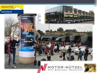 JA! Idee...
Mit der RADIOWETTE versucht RM mehr als 500 Hörer
GEMEINSAM in den Urlaub zu schicken – und tausende
Nichthörer zu mobilisieren!
Die Tourismusregion Alpbachtal Seenland wettet mit
Morningman Bernd Rasser, dass er es nicht schafft, mit 500
Hörern gemeinsam auf die Bayreuther Hütte in Tirol zu
wandern. Der Wetteinsatz: ALLE bekommen diesen Urlaub
GESCHENKT!
 