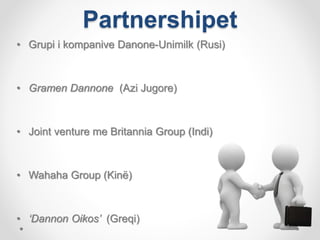 Partnershipet
• Grupi i kompanive Danone-Unimilk (Rusi)
• Gramen Dannone (Azi Jugore)
• Joint venture me Britannia Group (Indi)
• Wahaha Group (Kinë)
• ‘Dannon Oikos’ (Greqi)
 