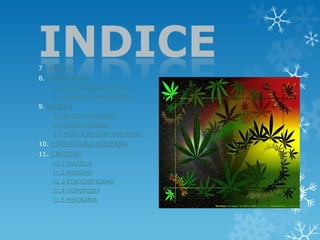 INDICE 
7. LENGUA 
8. CEREMONIAS 
8.1 FECHAS IMPORTANTES 
8.2 SIMBOLOS IMPORTANTES 
9. MUSICA 
9.1 MUSICA RASTAFARI 
9.2 MUSICA REGGAE 
9.3 MUSICA REGGAE-RASTAFARI 
10. ESTRUCTURA MODERNA 
11. CRITICAS 
11.1 POLITICA 
11.2 RACISMO 
11.3 ETNOCENTRISMO 
11.4 HOMOFOBIA 
11.5 MISOGINIA  