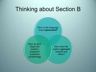 Thinking about Section B
How is the language
issue represented?
How does the
author represent
himself and
others?
How do they
shape the
reader’s
response?
(audience
positioning)
 