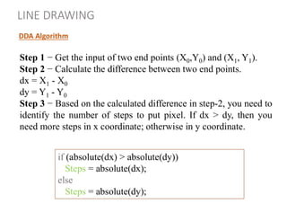 LINE DRAWING
DDA Algorithm
Step 1 − Get the input of two end points (X0,Y0) and (X1, Y1).
Step 2 − Calculate the difference between two end points.
dx = X1 - X0
dy = Y1 - Y0
Step 3 − Based on the calculated difference in step-2, you need to
identify the number of steps to put pixel. If dx > dy, then you
need more steps in x coordinate; otherwise in y coordinate.
if (absolute(dx) > absolute(dy))
Steps = absolute(dx);
else
Steps = absolute(dy);
 