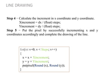 Step 4 − Calculate the increment in x coordinate and y coordinate.
Xincrement = dx / (float) steps;
Yincrement = dy / (float) steps;
Step 5 − Put the pixel by successfully incrementing x and y
coordinates accordingly and complete the drawing of the line.
LINE DRAWING
for(int v=0; v < Steps; v++)
{
x = x + Xincrement;
y = y + Yincrement;
putpixel(Round (x), Round (y));
}
 