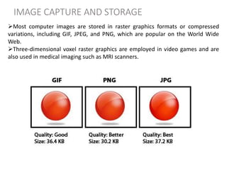 IMAGE CAPTURE AND STORAGE
Most computer images are stored in raster graphics formats or compressed
variations, including GIF, JPEG, and PNG, which are popular on the World Wide
Web.
Three-dimensional voxel raster graphics are employed in video games and are
also used in medical imaging such as MRI scanners.
 