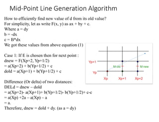 How to efficiently find new value of d from its old value?
For simplicity, let as write F(x, y) as ax + by + c.
Where a = dy
b = -dx
c = B*dx
We got these values from above equation (1)
Case 1: If E is chosen then for next point :
dnew = F(Xp+2, Yp+1/2)
= a(Xp+2) + b(Yp+1/2) + c
dold = a(Xp+1) + b(Yp+1/2) + c
Difference (Or delta) of two distances:
DELd = dnew – dold
= a(Xp+2)- a(Xp+1)+ b(Yp+1/2)- b(Yp+1/2)+ c-c
= a(Xp) +2a – a(Xp) – a
= a.
Therefore, dnew = dold + dy. (as a = dy)
Mid-Point Line Generation Algorithm
 