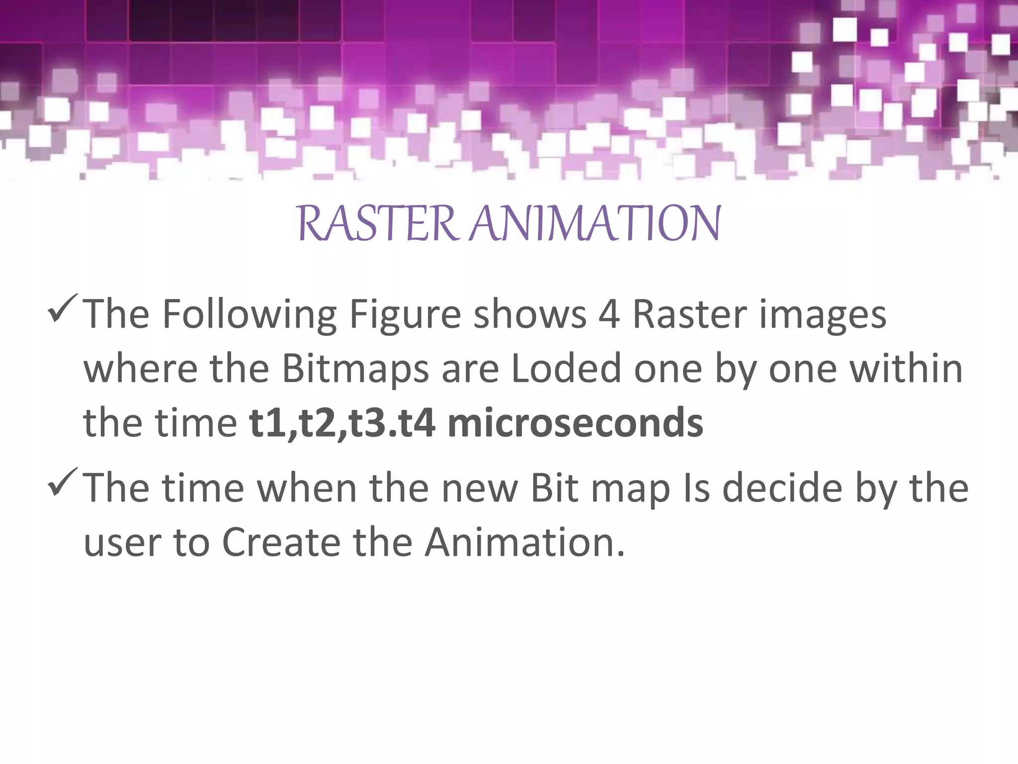 RASTER ANIMATION
The Following Figure shows 4 Raster images
where the Bitmaps are Loded one by one within
the time t1,t2,t3.t4 microseconds
The time when the new Bit map Is decide by the
user to Create the Animation.
 