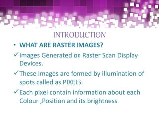 INTRODUCTION
• WHAT ARE RASTER IMAGES?
Images Generated on Raster Scan Display
Devices.
These Images are formed by illumination of
spots called as PIXELS.
Each pixel contain information about each
Colour ,Position and its brightness
 