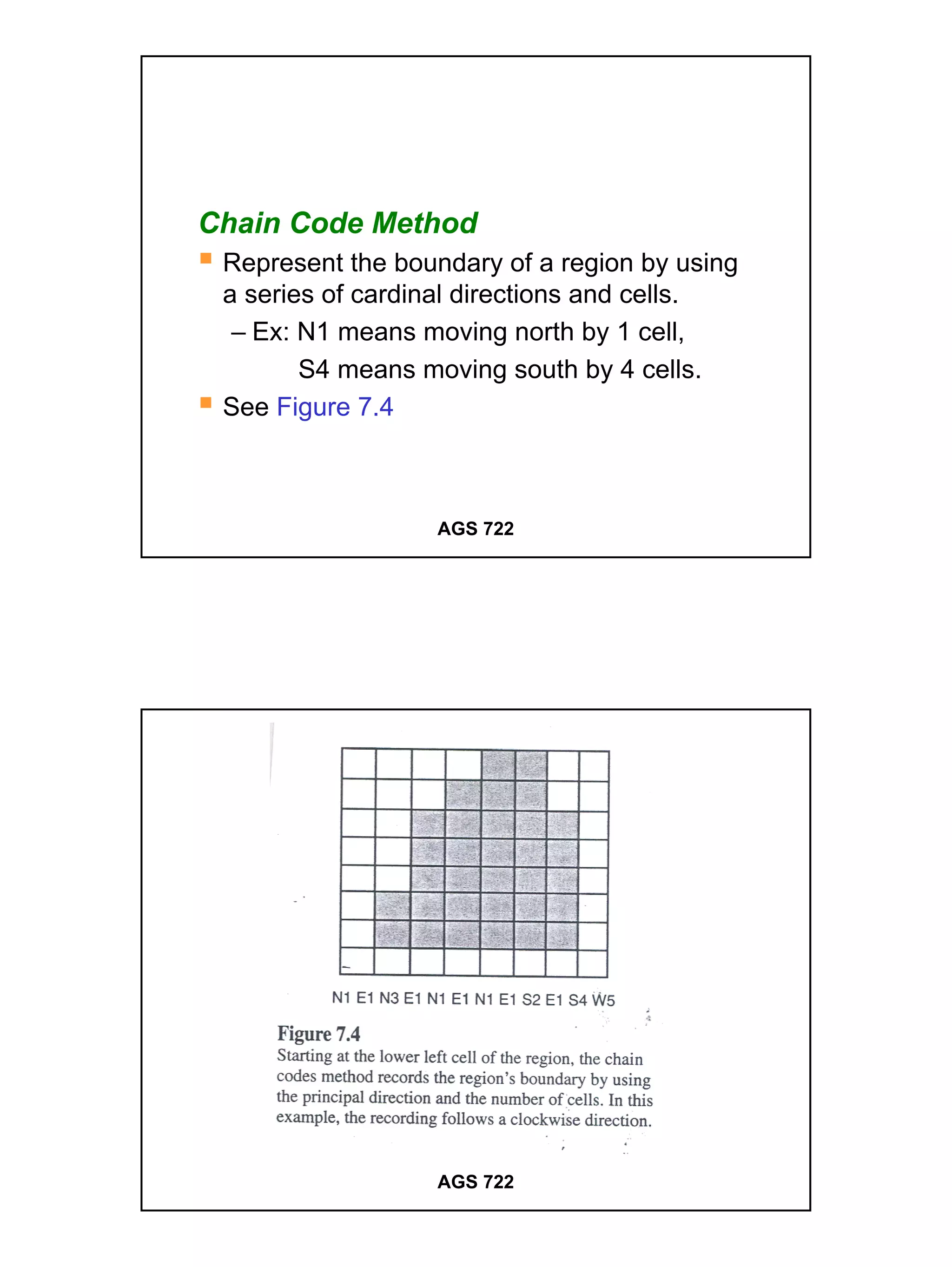 Chain Code Method
 Represent the boundary of a region by using
 a series of cardinal directions and cells.
  – Ex: N1 means moving north by 1 cell,
        S4 means moving south by 4 cells.
 See Figure 7.4



                  AGS 722




                  AGS 722




                                               12
 