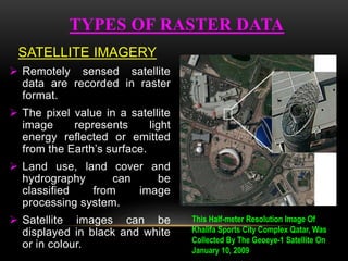 TYPES OF RASTER DATA
SATELLITE IMAGERY
 Remotely sensed satellite
data are recorded in raster
format.
 The pixel value in a satellite
image represents light
energy reflected or emitted
from the Earth’s surface.
 Land use, land cover and
hydrography can be
classified from image
processing system.
 Satellite images can be
displayed in black and white
or in colour.
This Half-meter Resolution Image Of
Khalifa Sports City Complex Qatar, Was
Collected By The Geoeye-1 Satellite On
January 10, 2009
 