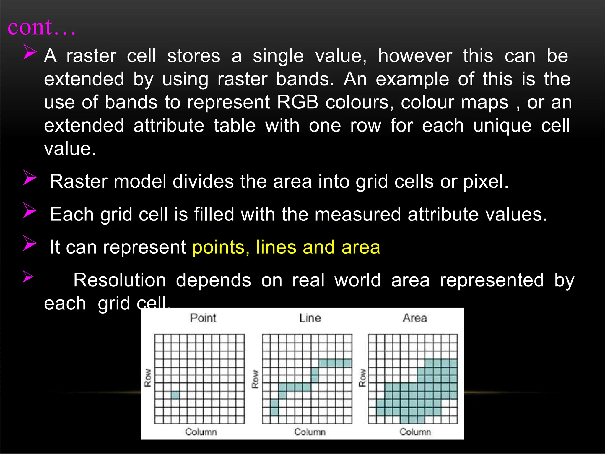  A raster cell stores a single value, however this can be
extended by using raster bands. An example of this is the
use of bands to represent RGB colours, colour maps , or an
extended attribute table with one row for each unique cell
value.
 Raster model divides the area into grid cells or pixel.
 Each grid cell is filled with the measured attribute values.
 It can represent points, lines and area
 Resolution depends on real world area represented by
each grid cell.
cont…
 