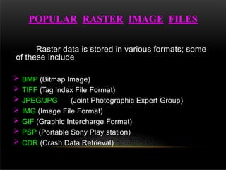 Raster data is stored in various formats; some
of these include
 BMP (Bitmap Image)
 TIFF (Tag Index File Format)
 JPEG/JPG (Joint Photographic Expert Group)
 IMG (Image File Format)
 GIF (Graphic Intercharge Format)
 PSP (Portable Sony Play station)
 CDR (Crash Data Retrieval)
POPULAR RASTER IMAGE FILES
 