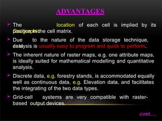  The
Geographic
location of each cell is implied by its
position in the cell matrix.
 Due to the nature of the data storage technique,
data
analysis is usually easy to program and quick to perform.
 The inherent nature of raster maps, e.g. one attribute maps,
is ideally suited for mathematical modelling and quantitative
analysis.
 Discrete data, e.g. forestry stands, is accommodated equally
well as continuous data, e.g. Elevation data, and facilitates
the integrating of the two data types.
ADVANTAGES
 Grid-cell systems are very compatible with raster-
based output devices.
cont…
 