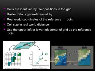  Cells are identified by their positions in the grid.
 Raster data is geo-referenced by:
 Real world coordinates of the reference point
 Cell size in real world distance
 Use the upper-left or lower-left corner of grid as the reference
point.
 