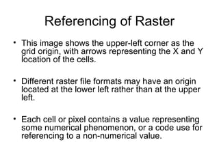 Referencing of Raster
• This image shows the upper-left corner as the
grid origin, with arrows representing the X and Y
location of the cells.
• Different raster file formats may have an origin
located at the lower left rather than at the upper
left.
• Each cell or pixel contains a value representing
some numerical phenomenon, or a code use for
referencing to a non-numerical value.
 
