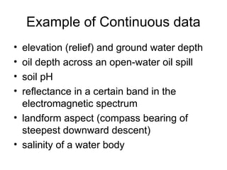 Example of Continuous data
• elevation (relief) and ground water depth
• oil depth across an open-water oil spill
• soil pH
• reflectance in a certain band in the
electromagnetic spectrum
• landform aspect (compass bearing of
steepest downward descent)
• salinity of a water body
 