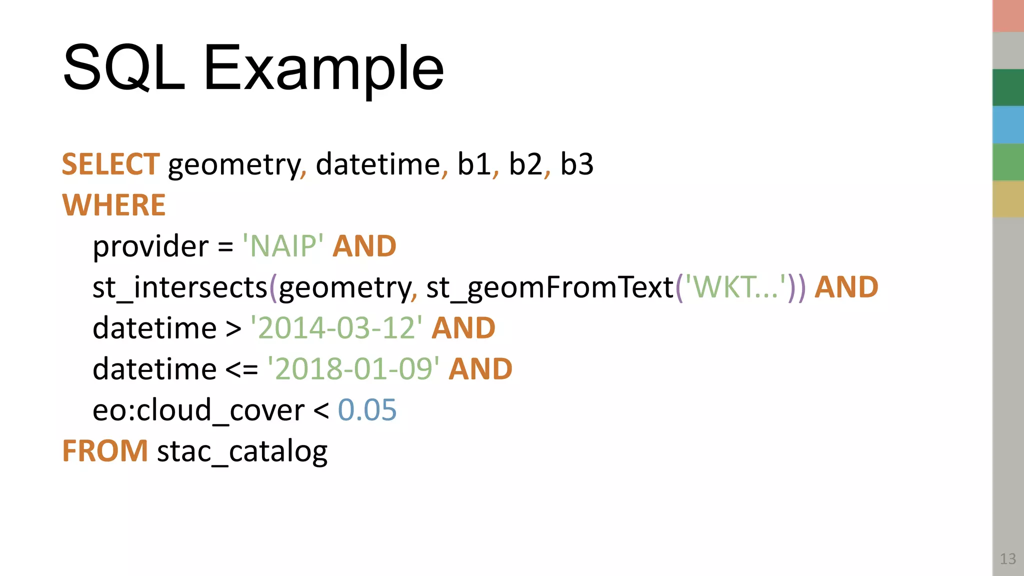SQL Example
13
SELECT geometry, datetime, b1, b2, b3
WHERE
provider = 'NAIP' AND
st_intersects(geometry, st_geomFromText('WKT...')) AND
datetime > '2014-03-12' AND
datetime <= '2018-01-09' AND
eo:cloud_cover < 0.05
FROM stac_catalog
 