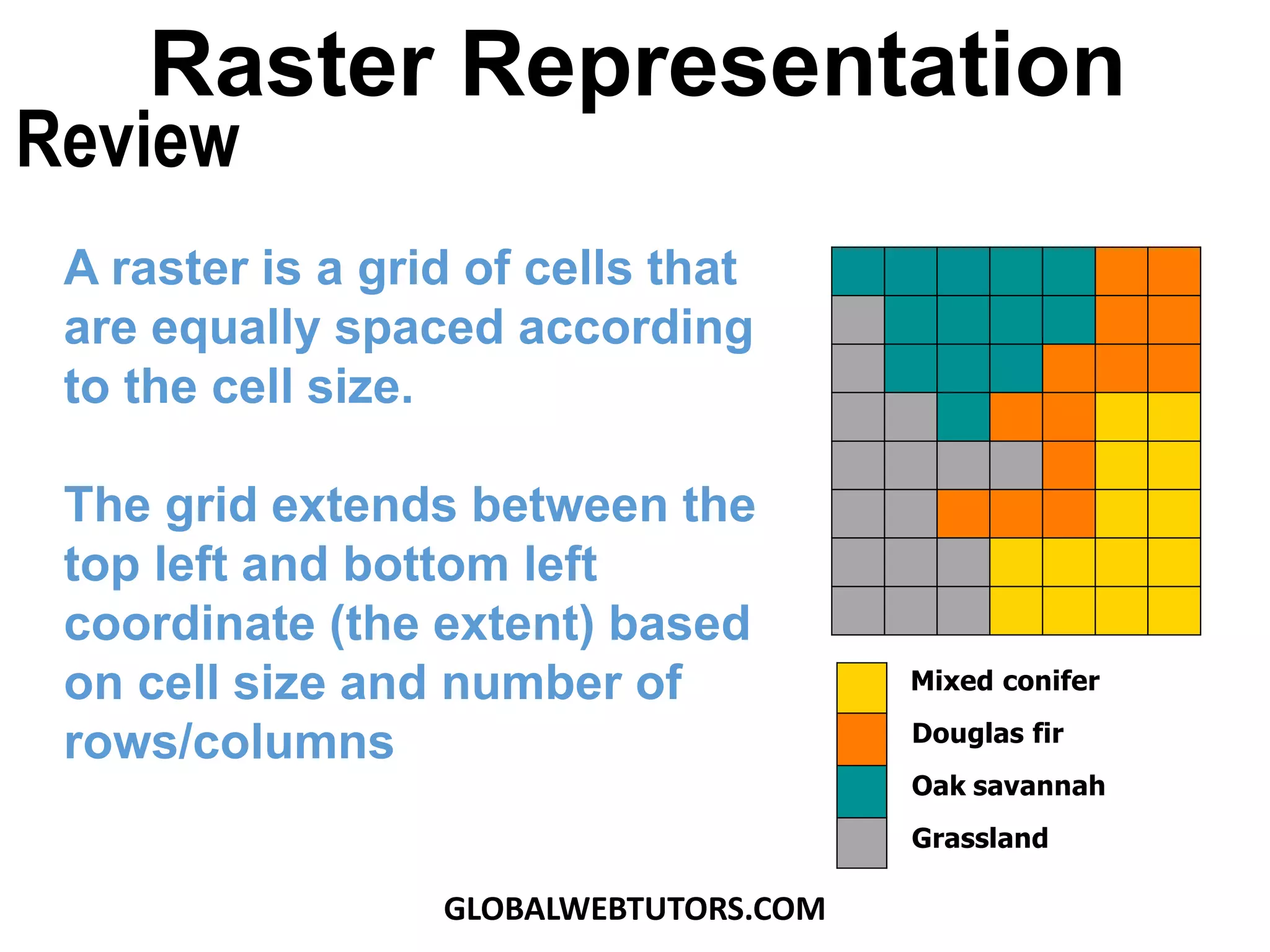 A raster is a grid of cells that
are equally spaced according
to the cell size.
The grid extends between the
top left and bottom left
coordinate (the extent) based
on cell size and number of
rows/columns
Raster Representation
Review
Mixed conifer
Douglas fir
Oak savannah
Grassland
GLOBALWEBTUTORS.COM
 