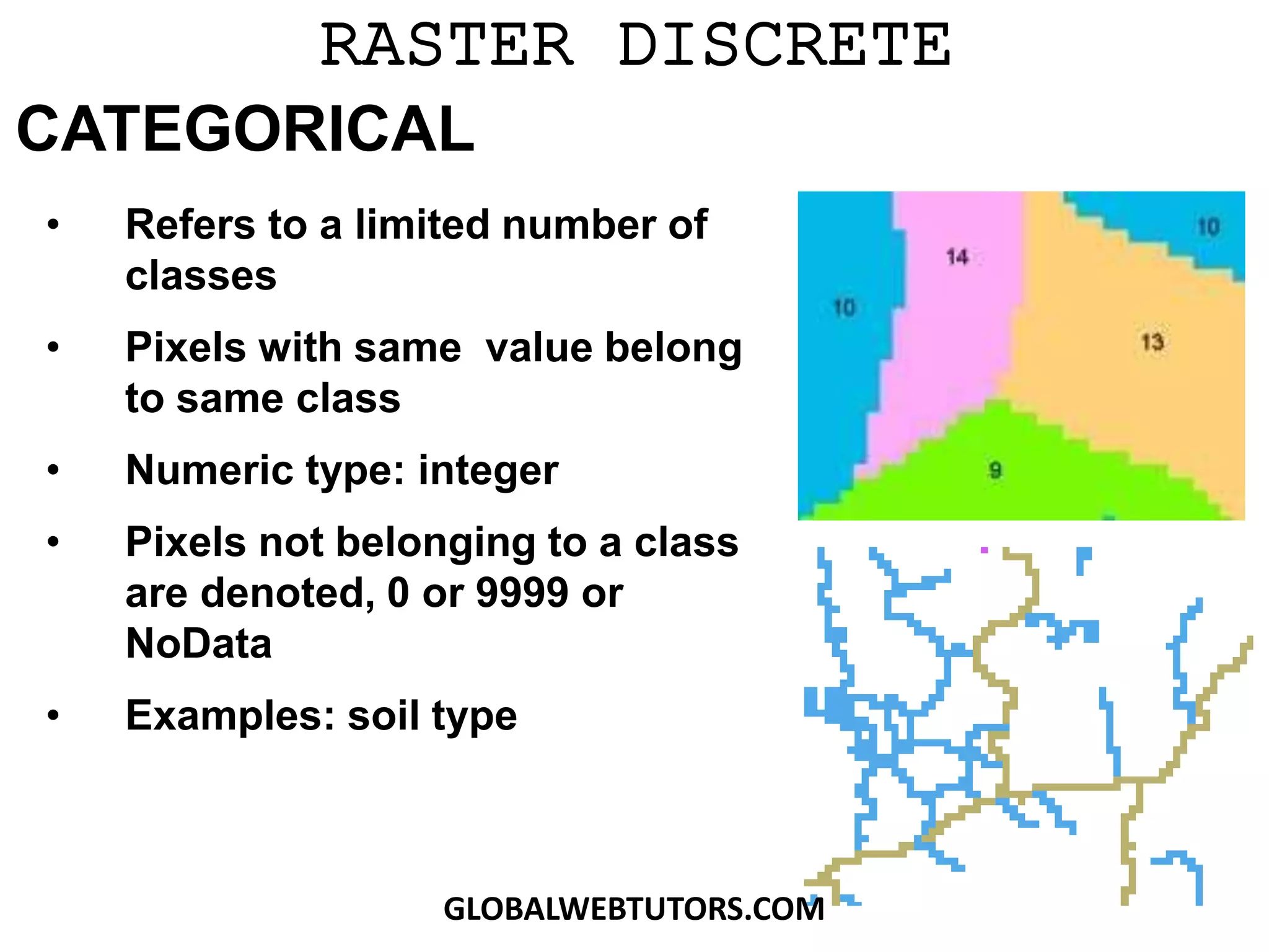 • Refers to a limited number of
classes
• Pixels with same value belong
to same class
• Numeric type: integer
• Pixels not belonging to a class
are denoted, 0 or 9999 or
NoData
• Examples: soil type
RASTER DISCRETE
CATEGORICAL
GLOBALWEBTUTORS.COM
 
