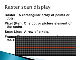 Raster: A rectangular array of points or
dots.
Pixel (Pel): One dot or picture element of
the raster.
Scan Line: A row of pixels.
Frame: The image to be scanned out on
the CRT.
 