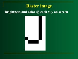 Raster image
Brightness and color @ each x, y on screen

 