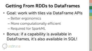 Getting From RDDs to DataFrames
• Goal: work with tiles via DataFrame APIs
– Better ergonomics
– More computationally efficient
– Required for SparkML
• Bonus: if a capability is available in
DataFrames, it’s also available in SQL!
17
 
