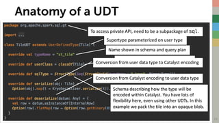 Anatomy of a UDT
To	access	private	API,	need	to	be	a	subpackage of	sql.
Supertype parameterized	on	user	type
Name	shown	in	schema	and	query	plan
Runtime	class	descriptor	of	user	type
Schema	describing	how	the	type	will	be	
encoded	within	Catalyst.	You	have	lots	of	
flexibility	here,	even	using	other	UDTs.	In	this	
example	we	pack	the	tile	into	an	opaque	blob.
Conversion	from	user	data	type	to	Catalyst	encoding
Conversion	from	Catalyst	encoding	to	user	data	type
19
 