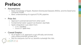 Preface
• Assumptions:
– Basic knowledge of Spark, Resilient Distributed Datasets (RDDs), and the DataFrame
compute model
– Basic understanding of a typical ETL/ML pipeline
• Prior Art:
– Approach outlined derived from other work
– Fundamental raster support via Azavea’s GeoTrellis
– Spark integration cues taken from:
• CCRi’s GeoMesa
• Databrick’s Spark-Avro
• Caveat Emptor:
– As of Spark 2.1.0, approach is not officially sanctioned;
uses undocumented, private APIs
– Not for everyone, but for us, benefits outweigh the risks
3
 