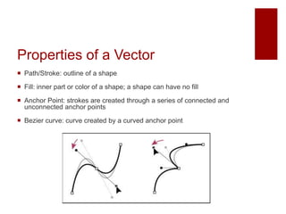 Properties of a Vector
 Path/Stroke: outline of a shape
 Fill: inner part or color of a shape; a shape can have no fill
 Anchor Point: strokes are created through a series of connected and
unconnected anchor points
 Bezier curve: curve created by a curved anchor point
 
