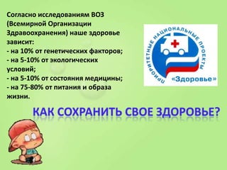 Согласно исследованиям ВОЗ
(Всемирной Организации
Здравоохранения) наше здоровье
зависит:
- на 10% от генетических факторов;
- на 5-10% от экологических
условий;
- на 5-10% от состояния медицины;
- на 75-80% от питания и образа
жизни.

 