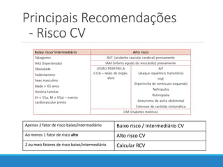 Principais Recomendações
- Risco CV
Apenas 1 fator de risco baixo/intermediário Baixo risco / Intermediário CV
Ao menos 1 fator de risco alto Alto risco CV
2 ou mais fatores de risco baixo/intermediário Calcular RCV
 