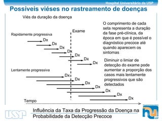 Possíveis viéses no rastreamento de doenças Dx Dx Dx Dx Dx Dx Dx Dx Dx Dx Dx Dx Dx Dx Rapidamente progressiva Lentamente progressiva Tempo Exame O comprimento de cada seta representa a duração da fase pré-clínica, da época em que é possível o diagnóstico precoce até quando aparecem os sintomas Influência da Taxa da Progressão da Doença na Probabilidade da Detecção Precoce Diminuir o limiar de detecção do exame pode aumentar a proporção dos casos mais lentamente progressivos que são detectados Viés da duração da doença 
