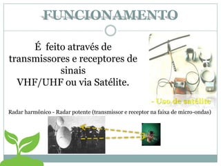 - Uso de satélite
Radar harmônico - Radar potente (transmissor e receptor na faixa de micro-ondas)
FUNCIONAMENTO
É feito através de
transmissores e receptores de
sinais
VHF/UHF ou via Satélite.
 