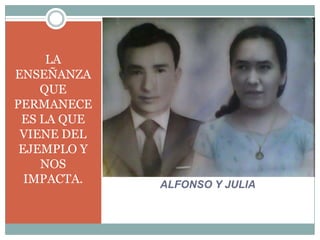 ALFONSO Y JULIA
LA
ENSEÑANZA
QUE
PERMANECE
ES LA QUE
VIENE DEL
EJEMPLO Y
NOS
IMPACTA.
 