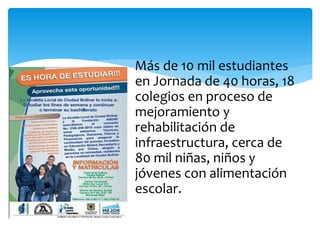 Más de 10 mil estudiantes
en Jornada de 40 horas, 18
colegios en proceso de
mejoramiento y
rehabilitación de
infraestructura, cerca de
80 mil niñas, niños y
jóvenes con alimentación
escolar.
 