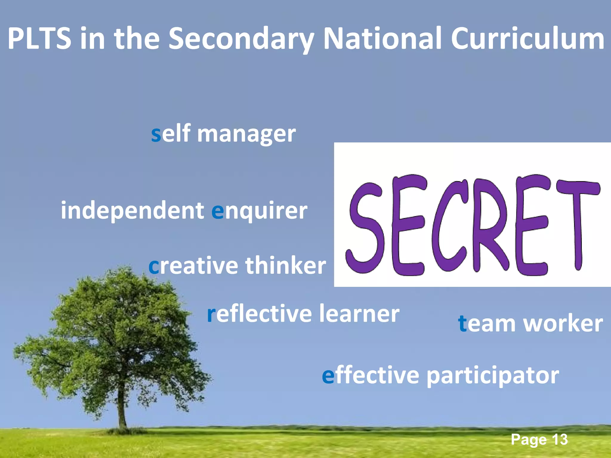 Powerpoint Templates
Page 13
PLTS in the Secondary National Curriculum
self manager
independent enquirer
creative thinker
reflective learner team worker
effective participator
 